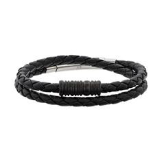 "Add a stylish touch to your look with this LYNX braided black leather wrap bracelet.BRACELET DETAILS Length: 16 in. Clasp: magnetic Metal: stainless steel Plating: black ion plated Finish: polished Additional details: leather Packaging: boxed Size: 9"". Gender: male. Age Group: adult." Modern Braided Leather Bracelets With Black Band, Modern Leather Braided Bracelet With Black Band, Modern Black Braided Bracelet With Leather Strap, Modern Black Braided Bracelets, Black Leather Braided Bracelet With Stainless Steel Clasp, Black Leather Bracelet With Magnetic Closure As Gift, Adjustable Leather Bracelet With Magnetic Closure, Modern Adjustable Braided Leather Bracelet, Modern Adjustable Black Wrap Bracelet