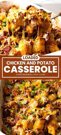 loaded chicken and potato casserole in a white dish with the title above it