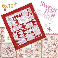 a red and white quilt with christmas decorations on it