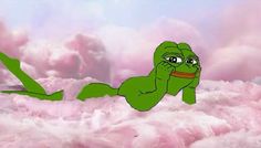 a cartoon frog floating in the air with its eyes open and mouth wide open, on pink clouds