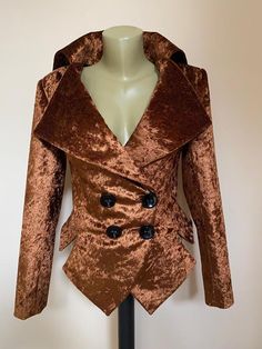 This is a very stylish and elegant jacket . Leght  58cm - at back. Fully lined. A jacket especially made to turn heads and give you that wow factor :)SIZE CHARTSIZE S - US 6, UK 8, EU 36bust: bust around 34.5”/90cmWaist: waist around 27.5”/70cmHips: hips around 34.5”/90cmSIZE M - US 8, UK 10, EU 38bust: bust around 37.5”/95cmWaist: waist around 29.5”/75cmHips: hips around 37.5”/95cmSIZE L - US 10, UK 12, EU 40bust: bust around 39.5"/100cmWaist: waist around 31.5”/80cmHips: hips around 39.5”/100c Gold Velvet Tuxedo Jacket, Party Outerwear With Suit Collar And Buttons, Party Blazer With Suit Collar And Buttons, Party Blazer With Double Button Closure And Long Sleeves, Fall Party Outerwear With Suit Collar, Double-breasted Party Blazer With Buttons, Fitted Brown Double-breasted Blazer, Party Outerwear With Double Button Closure And Lapel Collar, Gold Single Breasted Blazer For Evening