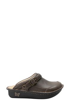 A casual-chic leather clog is outfitted with an adjustable swivel buckle strap that can be worn across the instep or behind the ankle for a secure fit. A cork, memory-foam and latex-loaded footbed forms to the natural contours of your foot, while a roomy toe box and a cushy nonslip sole keep your feet right on track. 1 1/4" heel; 1" platform (size 38 EU) Flip-up heel strap Removable insole Leather upper and lining/rubber and synthetic sole Imported Casual Clogs With Leather Sole For Work, Leather Clogs With Leather Footbed And Flat Heel, Leather Footbed Slip-on Clogs For Workwear, Classic Outdoor Mules With Cushioned Footbed, Leather Slip-on Clogs With Leather Footbed, Leather Slip-on Clogs With Buckle Closure, Classic Brown Plain Toe Clogs, Classic Outdoor Clogs With Leather Sole, Leather Footbed Clogs With Flat Heel For Work