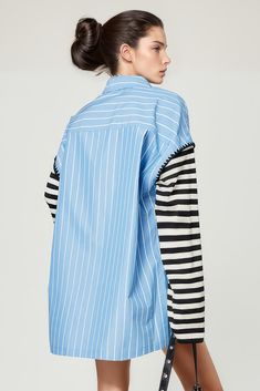 This striped oversized shirt features a classic front button closure, patch pockets, and long sweater sleeves for a modern update.Fabric: Cotton, Polyester Upcycle Clothes Diy, Future Style, Long Sweater, Long Shirt, Sweater Sleeves, Upcycle Clothes, Oversized Shirt, Long Sweaters, Fashion Details