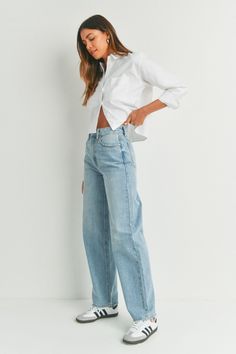 The Ivy Denim Jeans. Introducing the Ivy Denim Jeans, this style of denim is the perfect blend of comfort and style. The slightly flared bottom offers a sense of comfort and embodies a subtle street style look. Style Details: -high waisted fit -skater style -wide leg loose fit bottoms -DENIM 12" RISE, 31" INSEAM, 9.5" OPENING 100% COTTON, NON STRETCH -zipper closure How to care for me: Machine wash + Air Dry preferred Model Measurements: Model is wearing a size 26 Nomad Clothing, Skater Jeans, Heather White, Loungewear Sets, Light Wash Denim, Light Denim, Denim Fabric, Jeans Style, High Waist Jeans