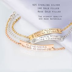 "Medical ID Bracelet, Medical Alert bracelet Women, Allergy Bracelets, Medical Jewelry, Emergency Alert Bracelet We sell just highest quality USA made 14 K GOLD FILLED (not gold plated), Rose Gold or Sterling Silver jewelry. With proper care gold pieces can last from 10-15 years, Sterling silver - forever. DETAILS: Bar size- 38mmx7mm - 14 Gold filled, Sterling silver or Rose Gold: Please send your personalization using Personalization box before checkout; We can engrave BOTH SIDES. You can choos Nickel-free Rose Gold Sterling Silver Bracelets, Engraved Rose Gold Sterling Silver Name Bracelet, Rose Gold Sterling Silver Charm Bracelet For Anniversary, Anniversary Rose Gold Sterling Silver Charm Bracelet, Silver Name Chain Bracelet For Mother's Day, Personalized Sterling Silver Rose Gold Bracelet, Mother's Day Silver Chain Bracelet With Name, Hypoallergenic Rose Gold Name Bracelet, Personalized Rose Gold Sterling Silver Bracelets