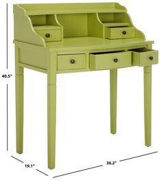 a green desk with two drawers and a shelf