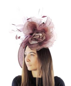 Hats By Cressida Kentucky Derby & Ascot Fascinator Hats Burgundy Lilac Ariel Sinamay Feather & Silk Fascinator Gorgeous trimmed feathers surround large silk rose  with a large saucer sinamay base Base measures about 12 inches wide Mounted with a matching headband. If you prefer a headband to match your hair, please make a note at check out what colour headband you want. Get ready to steal the show with the stunning Ariel Fascinator Hat! Perfect for any special occasion, this headpiece is the epi Headpieces For Kentucky Derby Ceremonies, Ceremony Headpieces For Kentucky Derby, Wide Brim Ceremony Fascinator, Elegant Brown Hat For Royal Ascot, Brown Wedding Hats For Kentucky Derby, Brown Hats For Kentucky Derby Wedding, Brown Fascinator For Kentucky Derby Party, Brown Kentucky Derby Wedding Hat, Adjustable Brown Party Headpiece