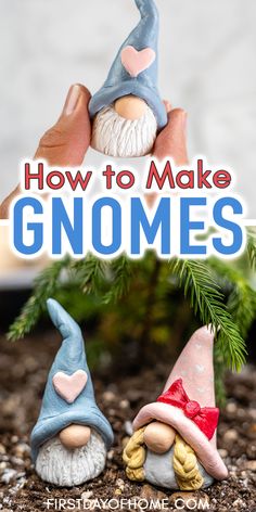 Male gnome held by fingertips and two gnomes with heart accents made from air dry clay with text overlay reading "How to Make Gnomes" Make Gnomes, Diy Gnome, Valentine Craft, Homemade Clay, Valentine Gnome, Christmas Gift Basket Ideas, Fairy Garden Crafts, Air Dry Clay Projects