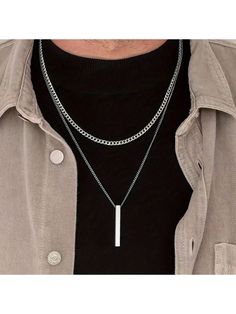 Silver Punk,Minimalist Collar  Stainless Steel   Embellished   Men Fashion Jewelry Bar Necklaces, Mens Necklace Pendant, Vertical Bar Necklace, Bar Pendant Necklace, Vertical Bar, Mens Chain Necklace, Mens Jewelry Necklace, Bar Pendant, Mens Pendant