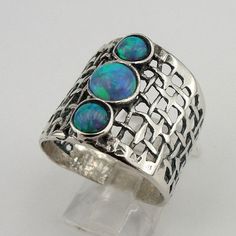 Opal Ring, Stunning Handcrafted 925 Sterling Silver Opal Ring size 7, Blue Opal Ring, Israel Jewelry Handmade Bohemian Opal Ring For Anniversary, Unique Handmade Wide Band Rings, Unique Opal Ring For Jewelry Making, Handmade Opal Ring Jewelry, Artisan Ring With Unique Variations, Unique Handmade Wide Band Ring For Anniversary, Unique Handmade Wide Band Anniversary Ring, Unique Handmade Wide Band Open Ring, Handmade Bohemian Wide Band Ring For Anniversary