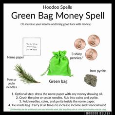 Ms Avi on Instagram: “~*~ HOODOO SPELLS: GREEN BAG MONEY SPELL ~*~ Often referred to as simply “the green bag spell”, this is a very simple and powerful charm…” Appalachian Folklore, Hoodoo Conjure Rootwork, Money Spells Magic, Hoodoo Magic, Hoodoo Conjure, Hoodoo Spells, Money Spells That Work, Prosperity Spell, Money Spell