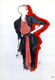 a drawing of a woman in a red and black dress with her hands on her hips