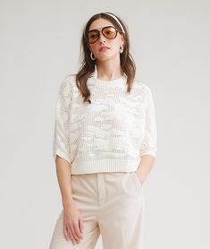 Open knitting sweater short sleeve top Fabric contents: 100% cotton Sweater Short Sleeve, Knitting Sweater, Flat White, White Flats, Top Fabric, Dress With Cardigan, Cardigan Tops, Sweater And Shorts, Short Sleeve Top