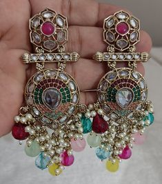 Multi color Rhinestone Earrings Set/ Indian Bridal Party Wear Wedding Jewellery, Polki Diamonds Bridal Earrings, Bridesmaid Jewelry Gift Free Shipping Raw material - artificial jewelry, Colour    = Multi  Length = 8 CM care = avoid perfume, water Please contact for any query 100% Satisfaction Guarantee: 1 Year Warranty, Long Lasting Plating, High-Quality Stones. Occasion: Perfect choice for any Indian occasion. Care: It is advisable that you keep Ismycreations products away from direct heat, hum Wedding Chandbali Bridal Earrings With Jewels, Wedding Bridal Chandbali Earrings With Jewels, Pink Jeweled Wedding Earrings, Elegant Multicolor Kundan Bridal Earrings, Multicolor Drop Pearl Earrings For Wedding, Multicolor Drop Earrings For Party, Elegant Multicolor Bridal Earrings With Stone Work, Elegant Multicolor Bridal Earrings For Celebration, Festive Jeweled Drop Bridal Earrings