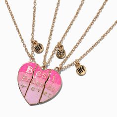 Best Friends Pink Ombre Heart Pendant Necklaces - 3 Pack 3 Bff Bracelets, Emo Accessories, Bff Bracelets, Bff Necklaces, Best Friend Jewelry, Pink Girly Things, Fashionable Jewelry, Birthday List, Birthday Wishlist