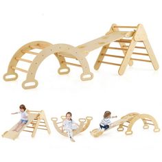 two children playing on wooden play structures with slides and ladders in different positions, including one child's slide