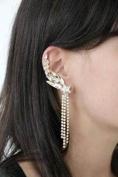 Ear Climber Earrings Crawler Earrings Bridal Ear Climber  #earclimber #bridalearrings #earcuff Gold Ear Climbers For Party, Dangle Ear Cuff For Party With Matching Earrings, Party Dangle Ear Cuff With Matching Earrings, Party Single Dangle Ear Cuff, Party-style Dangle Ear Cuff Single Earring, Pierced Dangle Ear Cuff For Wedding, Wedding Cartilage Dangle Earrings, Wedding Dangle Cartilage Earrings, Wedding Dangle Cartilage Single Earring