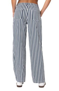 Neat stripes create a vintage-chic aesthetic on these nonstretch wide-leg jeans updated with a low-rise waist. Zip fly with button closure Front scoop pockets; back patch pockets 100% cotton Machine wash, dry flat Imported Striped Wide Leg Cotton Bottoms, Striped Cotton Wide Leg Bottoms, Striped Cotton Wide Leg Pants, Striped Relaxed Fit Wide Leg Pants, Wide Leg Cotton Bottoms With Vertical Stripes, Chic Striped Wide Leg Cotton Pants, Chic Striped Cotton Wide Leg Pants, Casual Striped Wide Leg Work Pants, Casual Striped Wide Leg Pants For Work