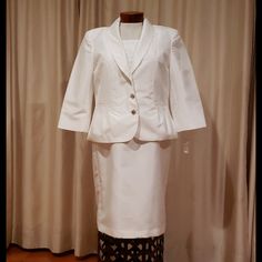 White 2 Piece Suit With Rhinestone Buttons. Skirt Below The Knee. Fitted White Skirt Suit For Formal Occasions, Formal White Fitted Skirt Suit, White Fitted Skirt Suit For Formal Occasions, Elegant Fitted Formal Skirt, Elegant Fitted Skirt For Formal Occasions, Classic Fitted White Skirt Suit, White Fitted Skirt Suit For Office, Fitted White Skirt For Formal Occasions, Elegant White Fitted Skirt