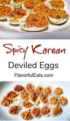 deviled eggs on a plate with spices and seasoning