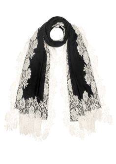 This black scarf is an all time classic. Woven from a fine silk and wool blend, it features a contrasting beige floral lace border making for the perfect any time wear accessory whilst keeping you comfortably warm. For a casual or formal look, this is a must - have in every woman's wardrobe. Luxury Black Silk Scarf For Evening, Classic Black Silk Scarves, Elegant Shawl Scarf With Lace Trim, Elegant Lace Shawl Scarves, Elegant Lace Trim Shawl Scarf, Elegant Black Silk Scarf For Evening, Elegant Black Evening Shawl, Formal Black Shawl Scarves, Black Silk Shawl For Formal Occasions