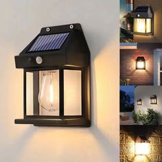 a solar powered light on the side of a wall next to pictures of houses and windows