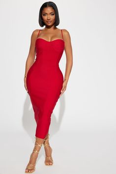 Available In Magenta And Red. Bandage Midi Dress Adjustable Spaghetti Strap Sweetheart Neckline Padded Bra Cups Hidden Back Zipper Stretch 95% Polyester 5% Spandex Imported | Becky Bandage Midi Dress in Red size 1X by Fashion Nova Bandage Dress Outfit, Red Graduation Dress, Red Bandage Dress, Date Night Fashion, Fashion Nova Outfits, Bandage Midi Dress, Bandage Dress Bodycon, Red Midi Dress, Padded Bra