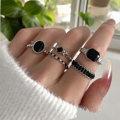 🖤✨ Gothic Black Stone Ring Set ✨🖤 Unleash your dark elegance with our Gothic Black Stone Ring Set. Perfect for those who love unique, gothic, and punk jewelry, this striking set features bold black stones set in intricate, dark-themed designs. Each piece exudes a cool and mysterious vibe, making it a must-have for anyone with a taste for the unconventional. Elevate your style with this captivating and edgy ring set. Each order comes with the 5 rings you see in the picture. Pick between Gold or Black Crystal Ring, Rings Set For Women, Ring Sets Boho, Rhinestone Ring, Rings Set, Green Crystal, Anklet Jewelry, Vintage Crystal, Green Crystals