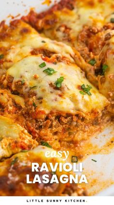 an easy ravioli lasagna recipe on a white plate with text overlay