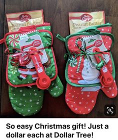 two oven mitts that have been decorated with candy canes and peppermint butter