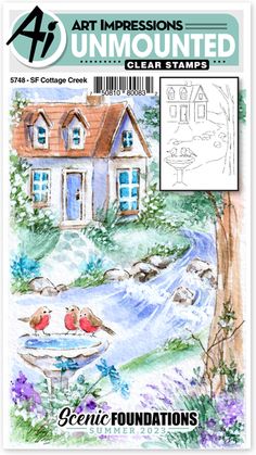 the front cover of art impressions unmounted clear stamps featuring a house and water