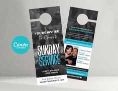 two door hangers with the words sunday service on them and an image of a couple