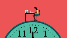 a woman sitting at a desk on top of a clock with the time 11 21