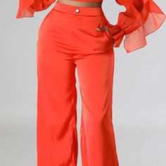 Satin Two-Piece Orange Pant Set, Gold Button Detail On Pants Chic Solid Color Spring Pant Set, Chic High Waist Sets With Pockets, Chic Trousers Pant Set, Casual Party Bottoms With Buttons, High-waisted Pants With Button Cuffs For Summer, Chic Spring Pant Set With Trousers, Chic Pant Set For Spring, Spring Night Out Bottoms With Button Closure, Chic Trousers Pant Set For Spring