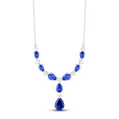 This elegant necklace for her showcases an alternating design comprised of pear-shaped blue lab-created sapphires and sparkling round white lab-created sapphires. The 16.65-inch sterling silver necklace features a box chain that secures with a lobster clasp. Elegant Sapphire Pear-shaped Necklace, Elegant Pear-shaped Sapphire Necklace, Formal Sapphire Pear-shaped Necklaces, Formal Pear-shaped Sapphire Necklace, Blue Diamond Briolette Necklace, Classic Blue Lab-created Sapphire Necklace, Formal Sapphire Drop Necklaces, Classic Blue Pear-shaped Necklace, Formal Blue Drop Necklace