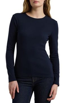 An elevated take on the wardrobe staple, this T-shirt is cut from an exceptionally smooth, soft stretch-cotton knit you'll reach for to pair with any look from casual to polished. Scoop neck Long sleeves 94% cotton, 6% elastane Machine wash, dry flat Imported Cotton Slim Fit Tops For Fall, Solid Slim Fit Crew Neck T-shirt, Relaxed Fit Crew Neck Elastane Top, Relaxed Fit Elastane Crew Neck Tops, Slim Fit Crew Neck Tops For Fall, Classic Slim Fit Tops For Everyday, Casual Elastane T-shirt For Fall, Basic Stretch Cotton Tops, Classic Tops For Workwear