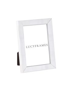 a white photo frame with the word lucyframes in silver lettering on it