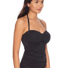 New With Tags Hygienic Liner Has Been Removed Size 8 0448 Elegant Black Swimwear With Built-in Bra, Elegant Fitted Tankini With Built-in Bra, Elegant Black Underwire Tankini, Elegant Black Ruched Swimwear, Elegant Stretch Halter Neck Tankini, Fitted Black Ruched Tankini, Black Ruched Fitted Tankini, Elegant Nylon Stretch Tankini, Elegant Black Nylon Tankini