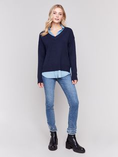 Stay ahead of the trend with this fooler sweater that gives the illusion of layering without the bulk. The fooler style combines a sleek v-neck sweater with the look of a shirt underneath, making it perfect for a smart-casual appearance. The blend of soft materials provides comfort and exquisite draping. The shirt detail peeking out of the hem and cuffs gives it a modern, effortless aesthetic. V-neck Ribbed cuffs and hem Layered shirt collar look Shirttail design Side slits Long sleeves Effortless Aesthetic, Liverpool Jeans, Shirt Detail, Navy Fabric, Vest Blazer, Striped Jeans, New Tops, The Trend, Shirt Collar