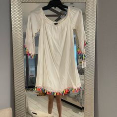 New With Tags White Dress With Neon Fringe On Ends. Spring Day Out Dress With Tassels, Casual White Dress With Tassels, Casual White Tassel Dress, Spring Cotton Dresses With Tassels, Off Shoulder Casual Dress, Strapless Denim Dress, Black Chiffon Dress, Dress With Fringe, Red Strapless Dress