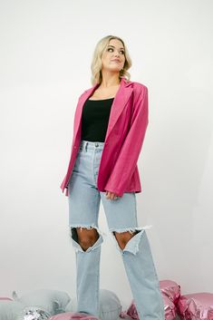 This matte faux leather jacket features a classic collared and button front fit with a slim tailored shape. Our has the look and feel of real leather and it's incredibly soft and supple, so it hangs well. Pair this easy blazer over dresses or with dress pants, or dress it down with jeans. Also available in black! runs true to size with a boyfriend cut you will love the pinstripe satin lining has some stretch model, Jordan is wearing a size small Trendy Leather Jacket With Lapel Collar, Trendy Leather Jacket With Lapel Collar For Spring, Trendy Fitted Leather Jacket With Lapel Collar, Trendy Pink Blazer With Notch Lapel, Trendy Pink Leather Jacket For Spring, Spring Chic Leather Jacket With Button Closure, Chic Spring Leather Jacket With Button Closure, Trendy Single Breasted Faux Leather Jacket, Chic Faux Leather Jacket With Lapel Collar