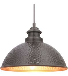 an industrial style pendant light with a metal finish and dimmer, hanging from the ceiling