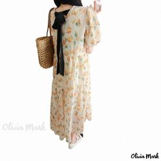 Olivia Mark - Stylish Loose Fit Maternity Dress with Floral Chiffon and Bubble Sleeves Fitted Maternity Dress, Floral Chiffon, Maternity Dress, Types Of Skirts, Three Quarter Sleeves, Quarter Sleeve, Olivia Mark, Maternity Dresses, A Line Skirt