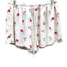 New With Tags White Floral Flowy Shorts With Drawstring Lined Elasticized Waist Waist: Approximately 15 Inches Across But Stretchy 100% Rayon B4 White Cotton Pajama Shorts For Vacation, White Pajama Shorts For Vacation Spring, White Pajama Shorts For Spring Vacation, White Summer Sleepwear With Elastic Waistband, Spring White Pajama Shorts With Elastic Waistband, White Pajama Shorts With Elastic Waistband For Spring, White Pajama Shorts For Summer Loungewear, White Spring Pajama Shorts, White Floral Print Pajama Shorts For Loungewear