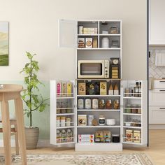 an open kitchen cabinet with various items in it and a potted plant on the floor