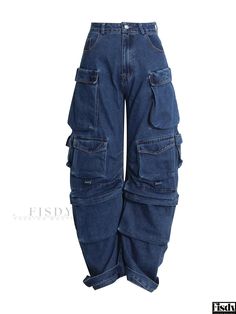 Fisdy - Elegante pantalón cargo informal de corte holgado con diseño personalizado y amplios bolsillos Street Fits, Denim Decor, Y2k Pants, High Street Fashion, Jeans Cargo, Denim Patterns, Urban Street Style, Loose Jeans, 가을 패션