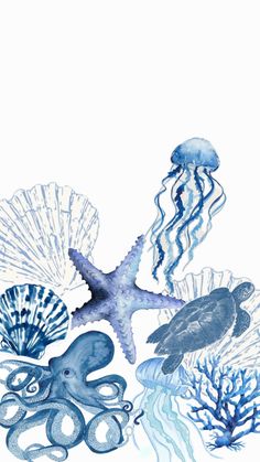 an ocean scene with jellyfish, octopus and starfish in watercolor on white paper