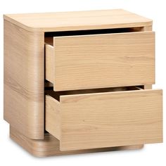 two wooden drawers with one drawer open and the other closed