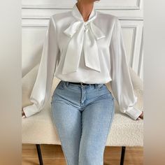 Stunning Solid Color Tie Neck Satin Blouse - Elegant Long Sleeve Women's Blouses For Spring & Fall - Classic, Chic, And Comfortable Clothing For Ladies Size Med/6 Bust 35-37 Waist 27-29 Polyester Long Sleeve Bow Detail Semi Sheer Tie Neck Collar Bekväma Outfits, Office Blouse, Satin Bluse, Classic Blouses, Women's Blouses, Tie Neck Blouse, Bow Blouse, Classic Chic, Satin Blouse