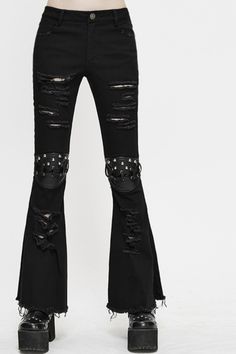 Winter Outfits Edgy Black Bottoms With Holes, Gothic Black Flare Bottoms, Edgy Bottoms With Holes For Fall, Gothic Flare Fitted Pants, Black Ripped Edgy Pants, Grunge Bottoms With Holes For Fall, Edgy Black Ripped Pants, Edgy Black Distressed Flare Jeans, Punk Style Distressed Wide Leg Bottoms